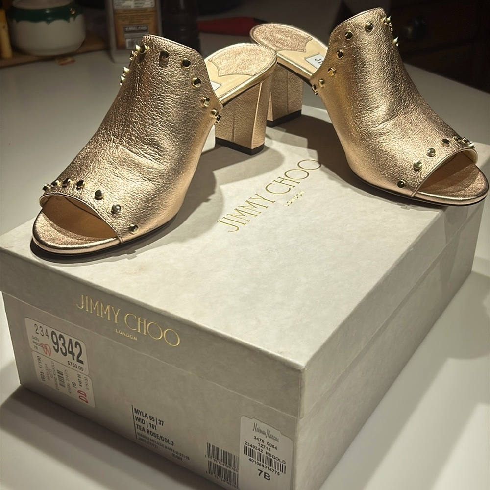 Jimmy Choo London 7B Myla 65 37 Tea Rose/Gold Mule Heels